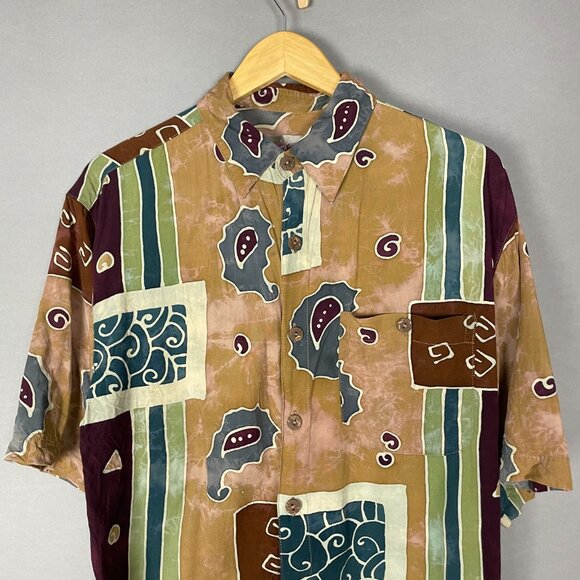 Vintage Batik Shirt Men Paisley Abstract Button-Up Rayon Short Sleeve Size Large - Picture 4 of 12